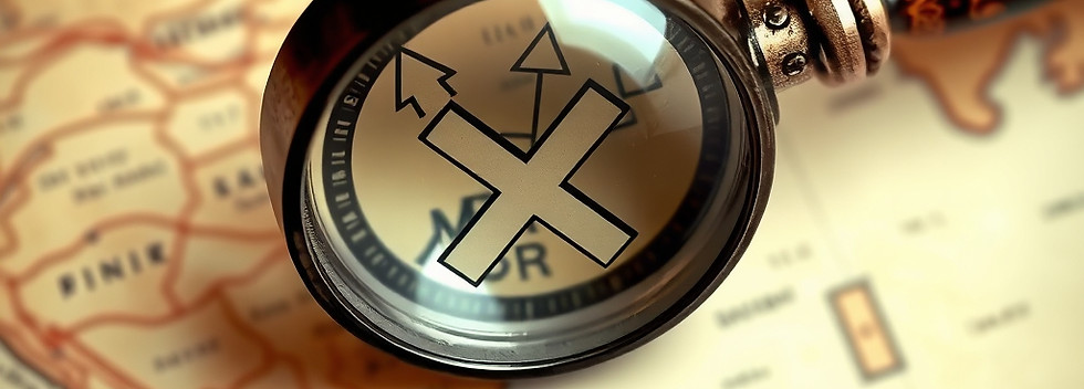vintage map in background, with magnifying glass with trail inside glass, vintage compass