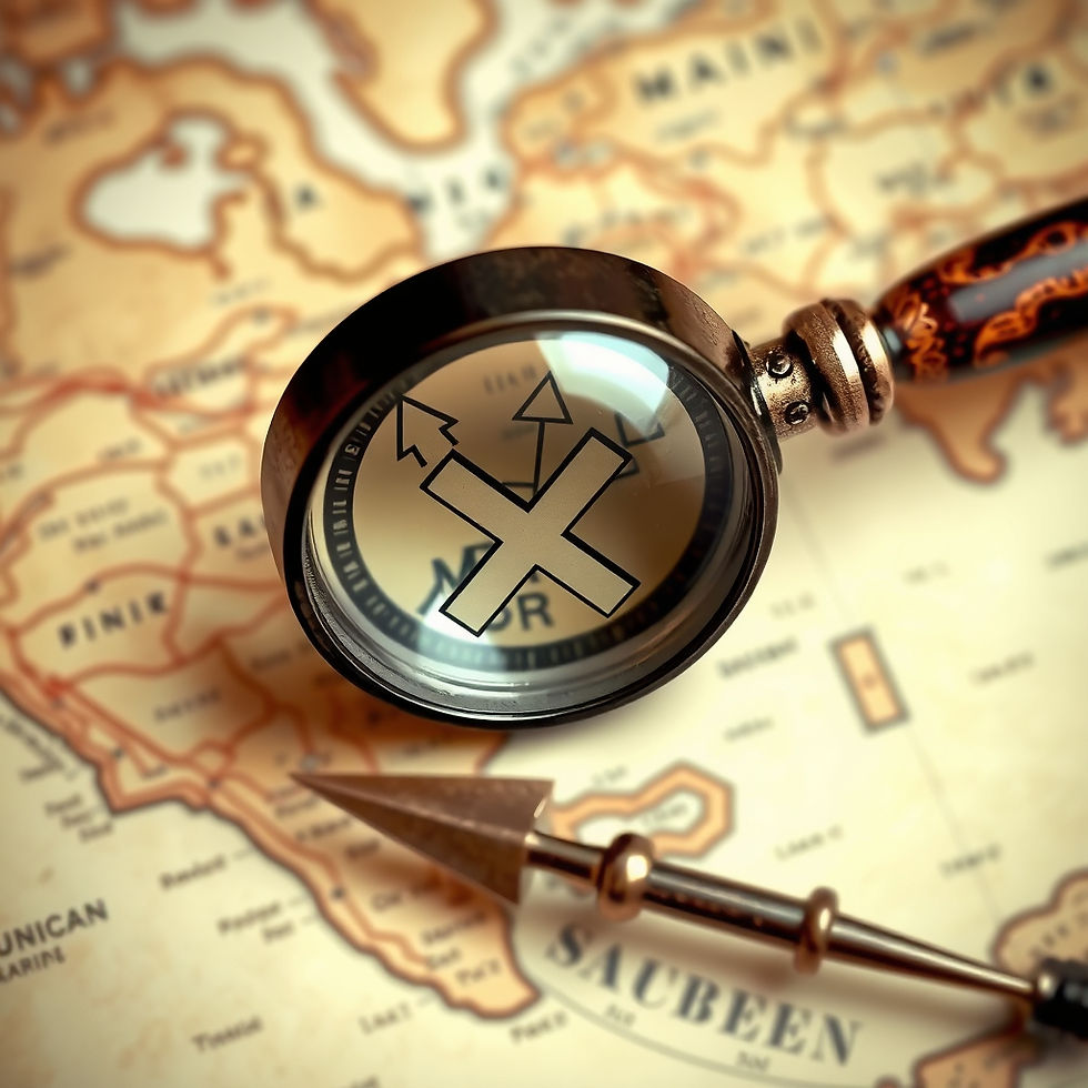vintage map in background, with magnifying glass with trail inside glass, vintage compass
