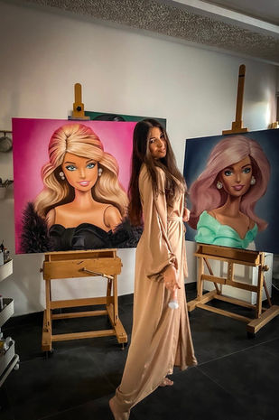 Viktoria SG in front of her a new Barbie oil artwork