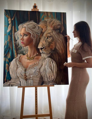Viktoria SG in front of her new oil painting named BELLA in her studio