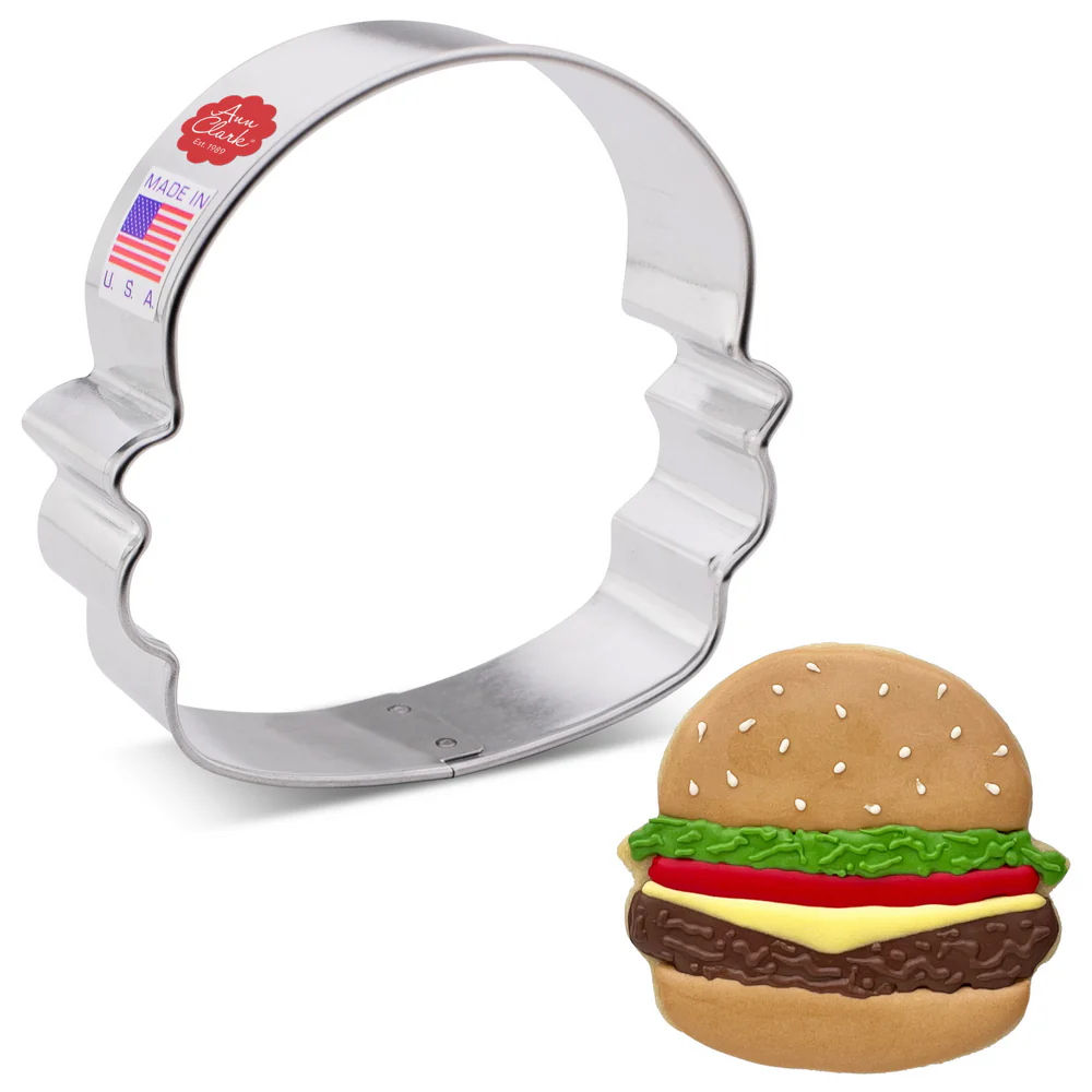 metal hamburger cookie cutter by Ann Clark for BBQ and cookout themed cookies