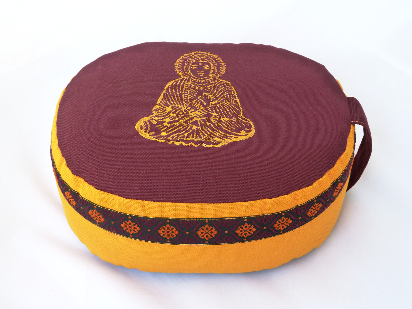 Coussin Ovale prune et jaune orangé, motif Bouddha Jaune et galon assorti