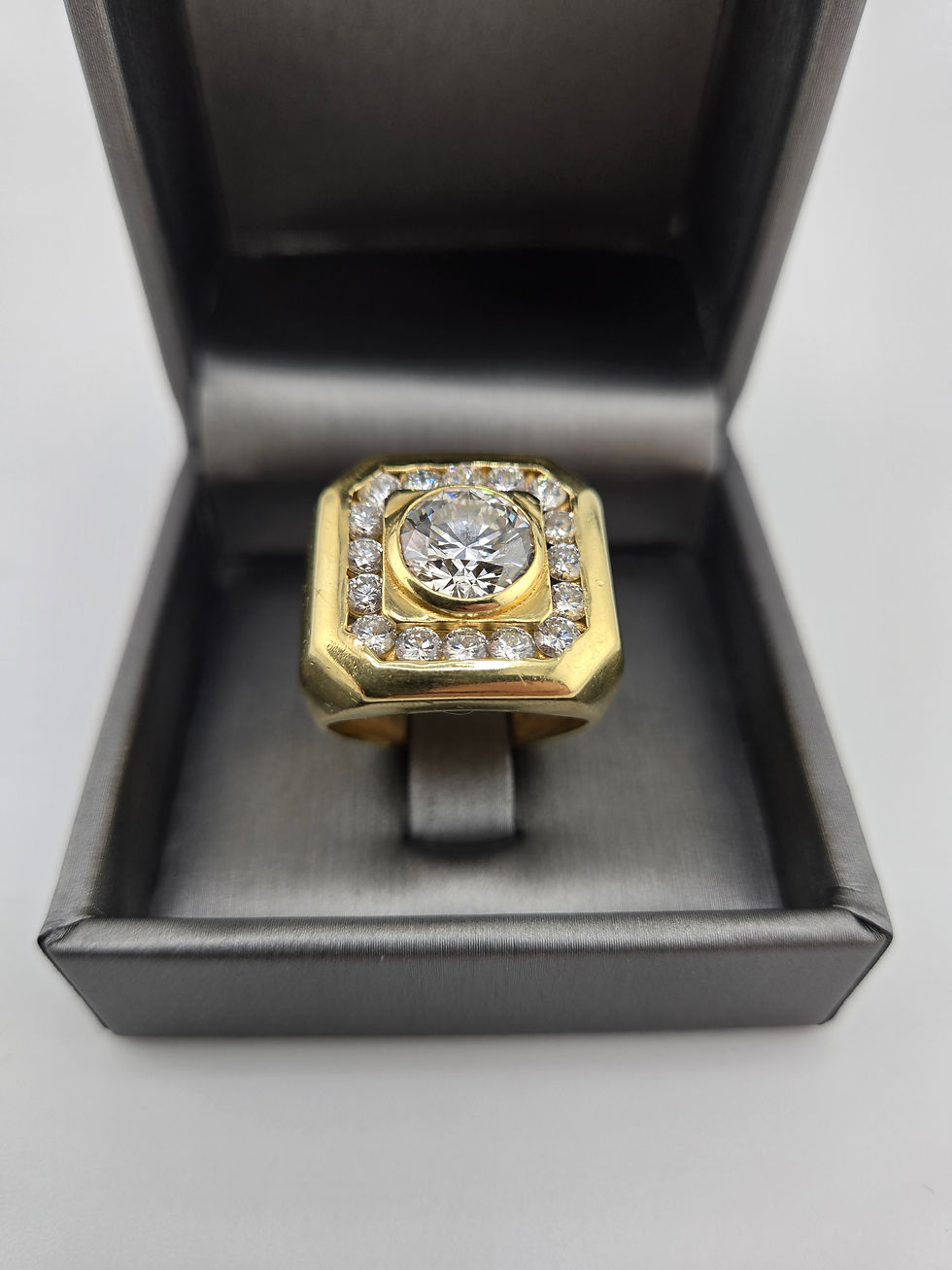 Thumbnail: 18K YELLOW GOLD RING SIGNET SET 4 CT ROUND LAB DIAMOND CENTER STONE 16 DIAMONDS