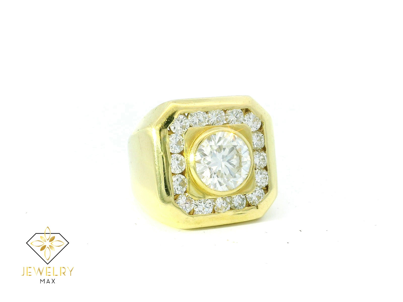 18K YELLOW GOLD RING SIGNET SET 4 CT ROUND LAB DIAMOND CENTER STONE 16 DIAMONDS