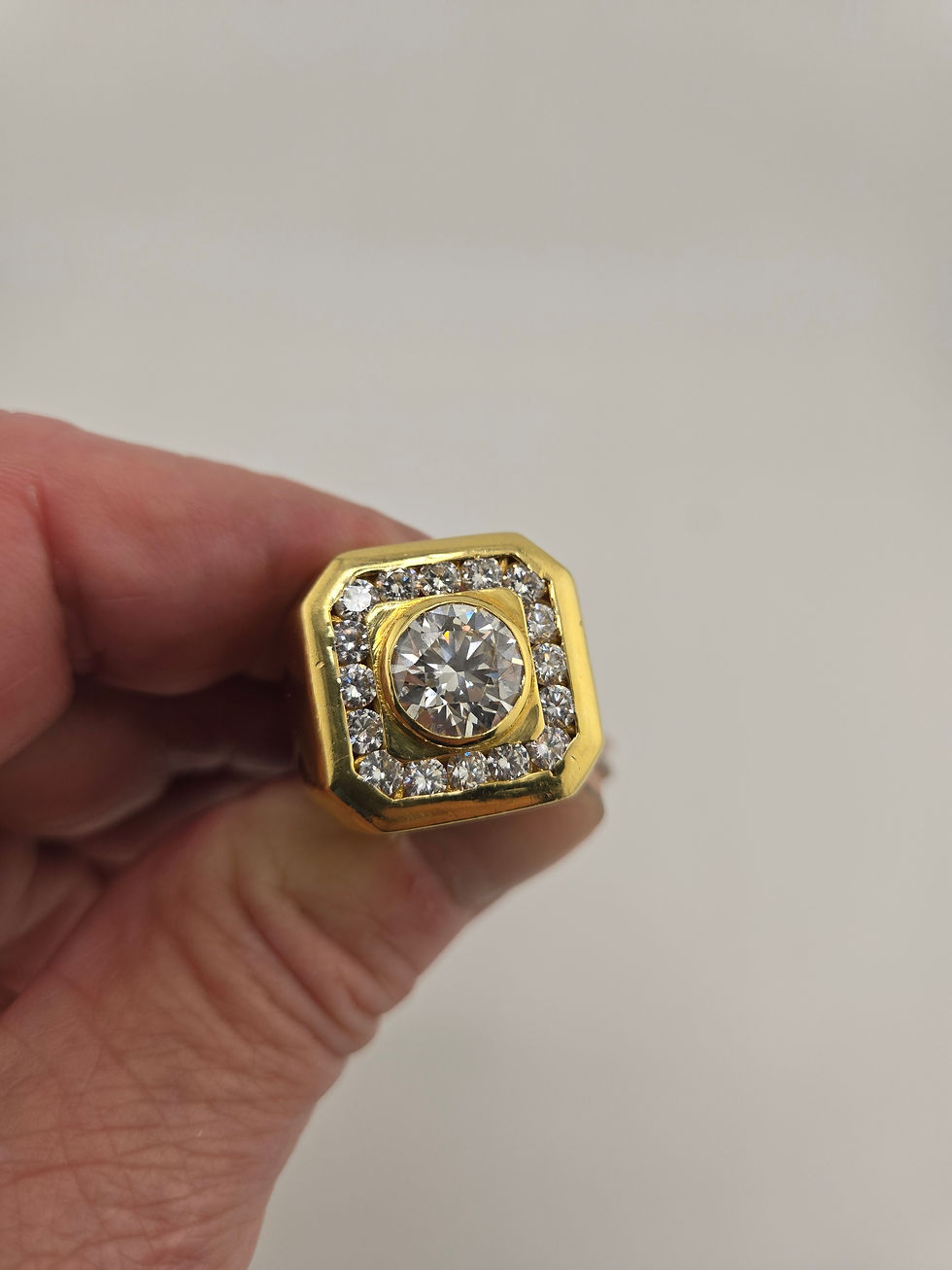 Thumbnail: 18K YELLOW GOLD RING SIGNET SET 4 CT ROUND LAB DIAMOND CENTER STONE 16 DIAMONDS