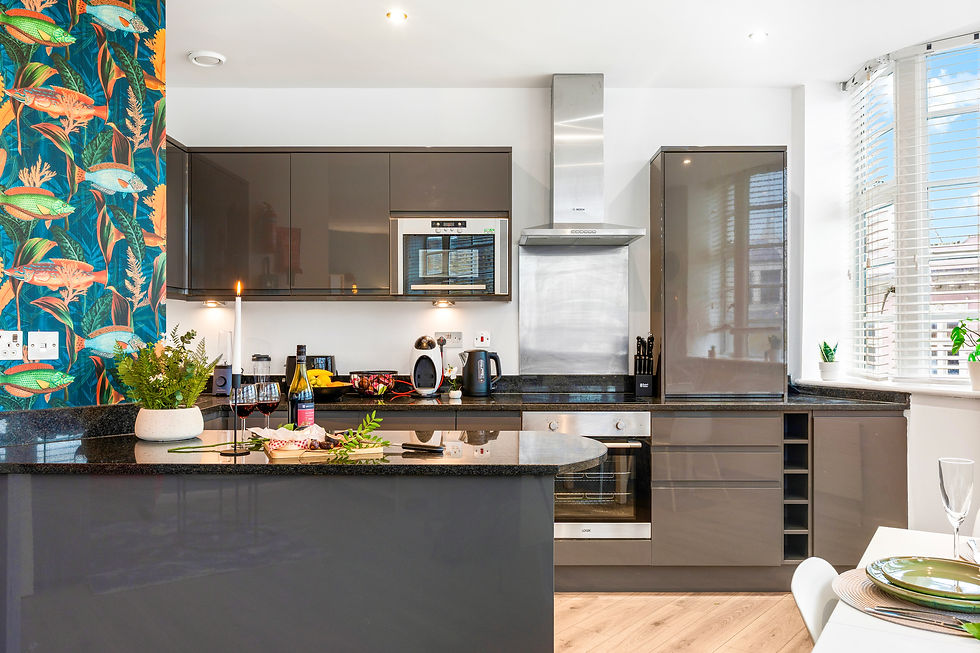 Close-up view of a fully equipped kitchen in a Brighton serviced apartment