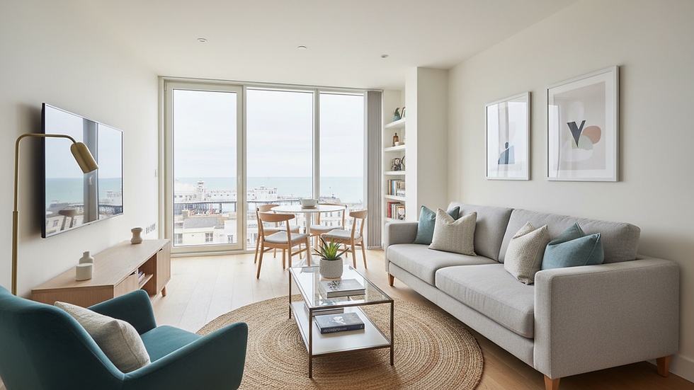 Eye-level view of a modern serviced apartment living room in Brighton