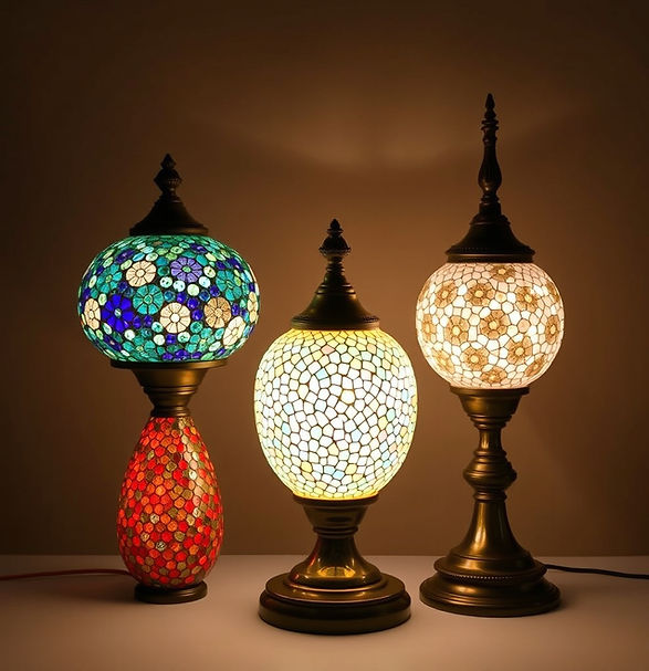 three distinctly different finished mosaic lamps, premium studio photography, warm_dark se