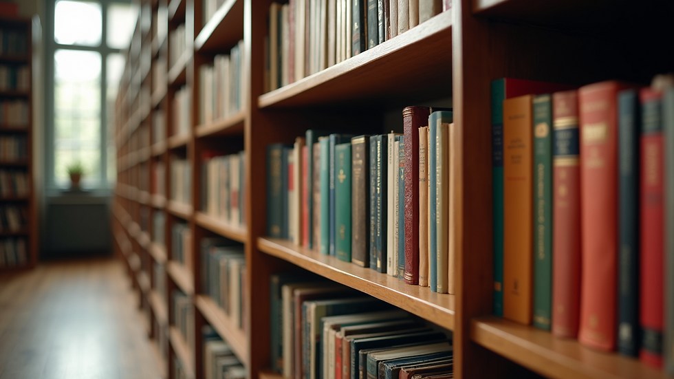 Wide angle view of bookshelves filled with colorful novels
