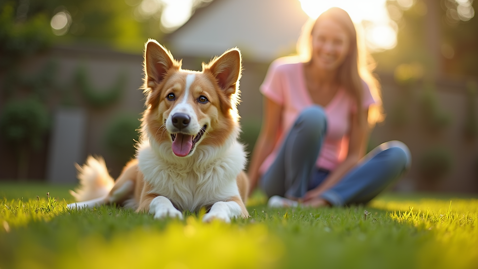 Close-up view of a dog happily playing with a pet sitter in a backyard