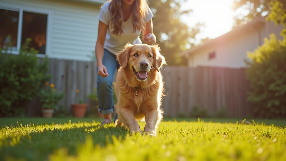 Eye-level view of a pet sitter playing with a happy golden retriever in a sunny backyard