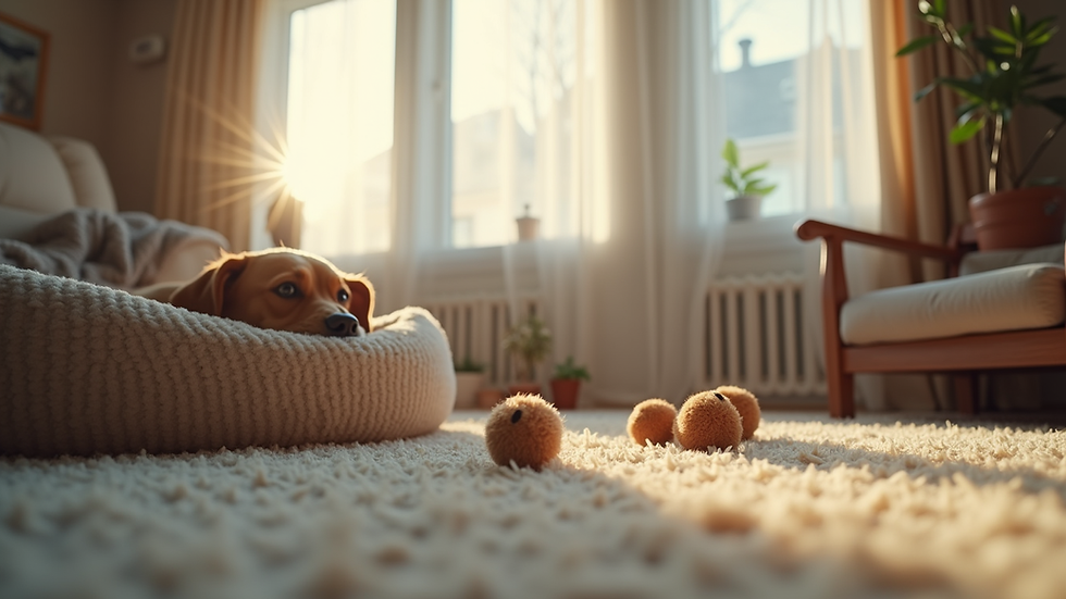 Eye-level view of a cozy living room with a dog bed and toys