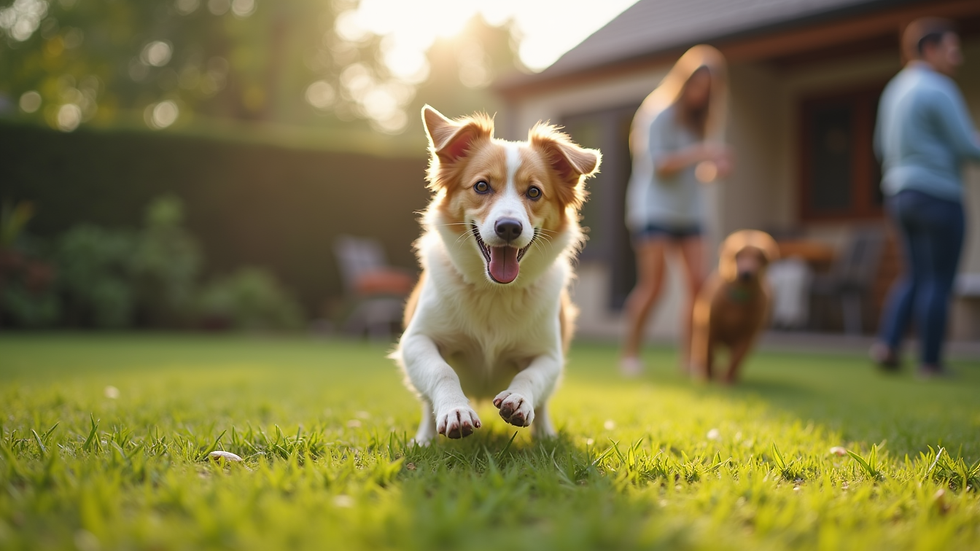 Close-up view of a dog happily playing with a pet sitter in a backyard