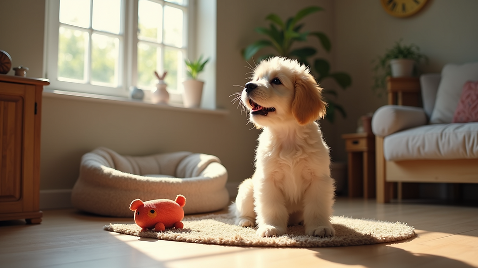 Eye-level view of a cozy pet sitting room with toys and a pet bed
