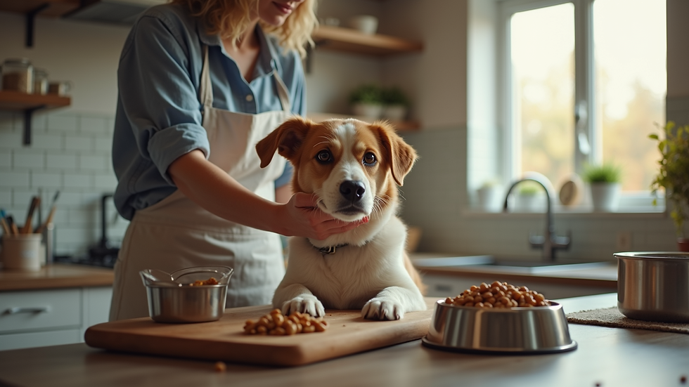 High angle view of a pet nanny preparing pet food in a kitchen