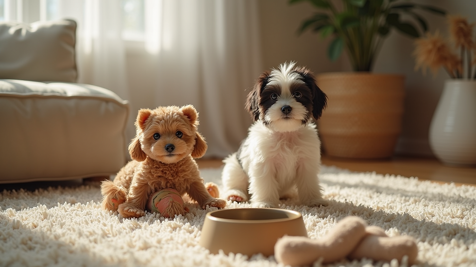 High angle view of a cozy pet sitting setup with toys and a water bowl
