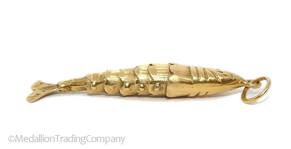 Thumbnail: Antique 18k Yellow Gold 1.75" Diamond Eye Articulated 3D Chinese Koi Fish Pendan