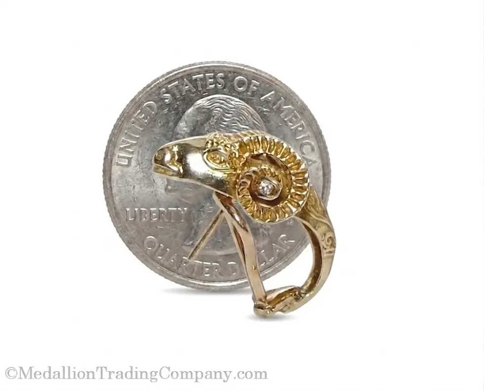 Thumbnail: Designer 14k Yellow Gold Rams Head Omega Clip Diamond Earrings
