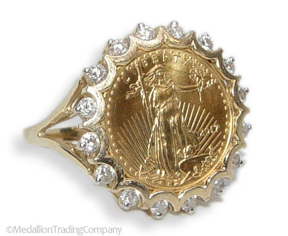 14k 22k Walking Liberty American Eagle 5 Dollar Gold Coin .50 carat Diamond Halo