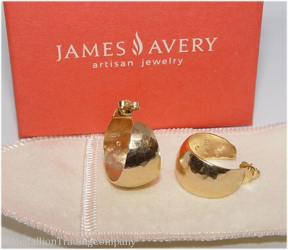 Thumbnail: Rare james avery 14k yellow gold medium hammered bola post hoops .95 inch +box