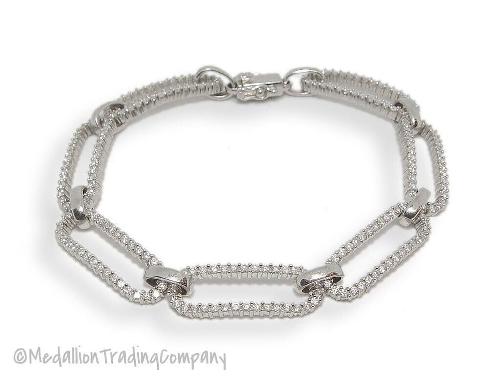Thumbnail: 14k White Gold 2.38 Carat Diamond Rectangle Paperclip Bracelet 7.5" Heavy 14+ gr