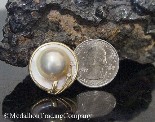 Thumbnail: 14k Yellow Gold 24mm Floral Diamond Blister Mabe Pearl Omega Back Earrings EA