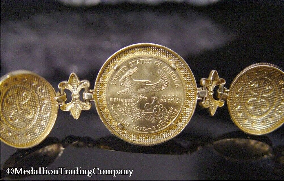 Thumbnail: 14k 22k Gold 2007 Liberty American Eagle 5 Coin Etruscan Fleur di Lis Bracelet