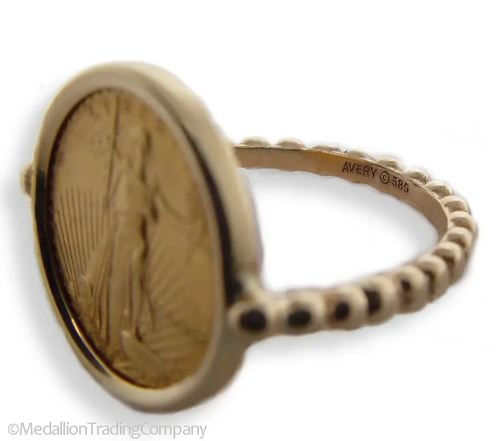 Thumbnail: 14k Gold American Eagle Liberty $5 1/10 Oz Coin 1990 James Avery Bead Band Size 