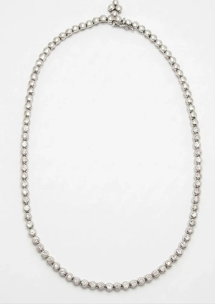 18k White Gold Riviera Tennis Necklace 2.6 Carats Bezel Set Diamond 39.4 Grams