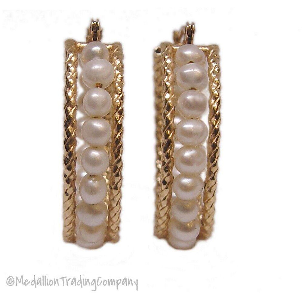 Thumbnail: 14k yellow gold 7mm wide white pearl hoop basket mesh earrings 4.15 gram  1 inch