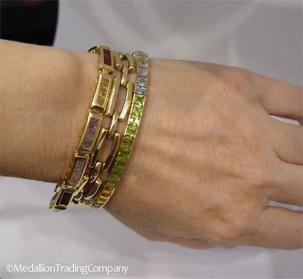 Thumbnail: 14K Yellow Gold Multi Color Princess Gemstone Link Tennis Bracelet 14+ Grams 7"