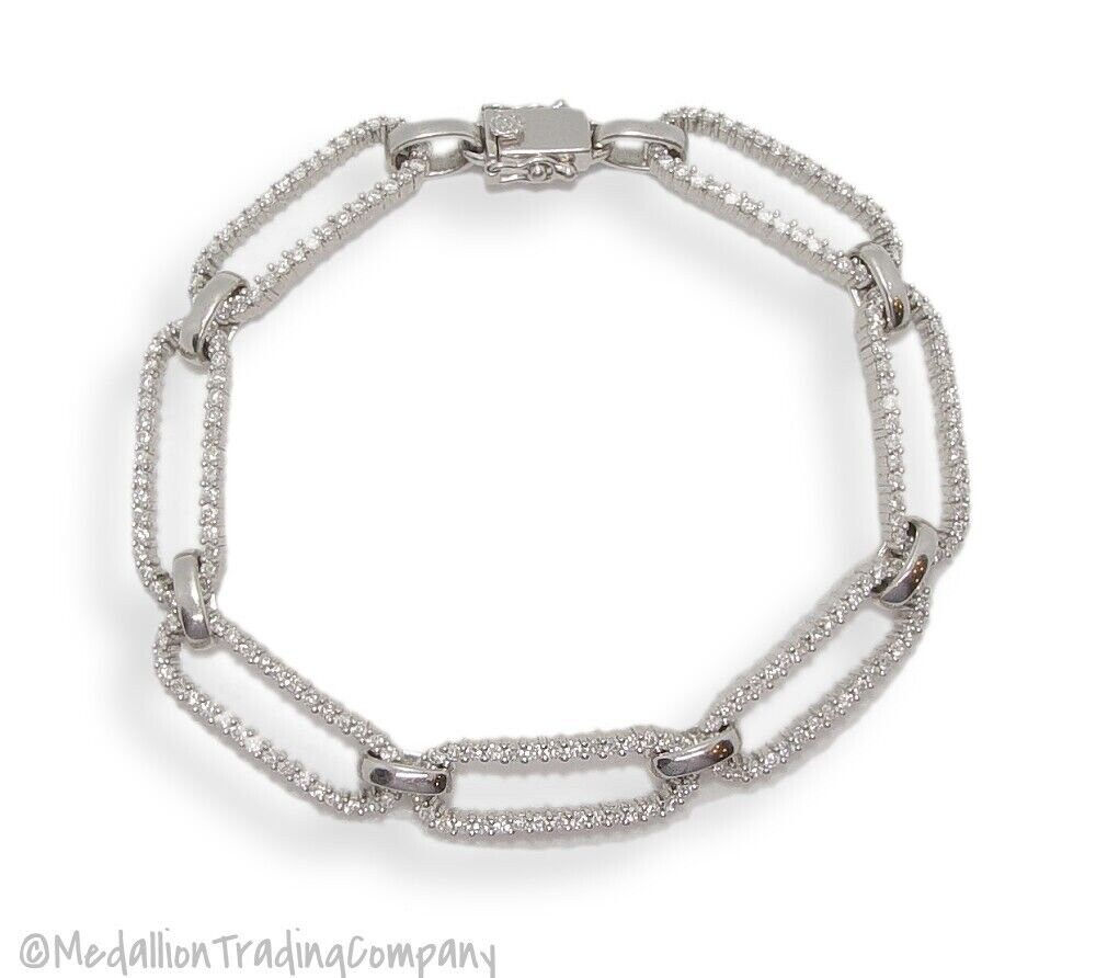 14k White Gold 2.38 Carat Diamond Rectangle Paperclip Bracelet 7.5" Heavy 14+ gr
