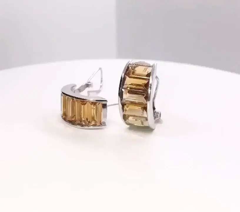 Thumbnail: 14k White Gold Emerald Cut Orange Citrine 10 Carat Omega Half Hoop Earrings 