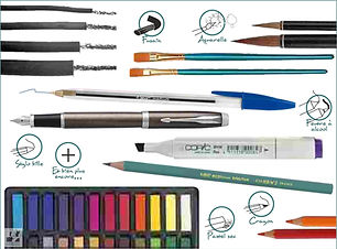 Les médiums utilisés à l'atelier : crayon, stylo, pastels, peinture, feutres etc...