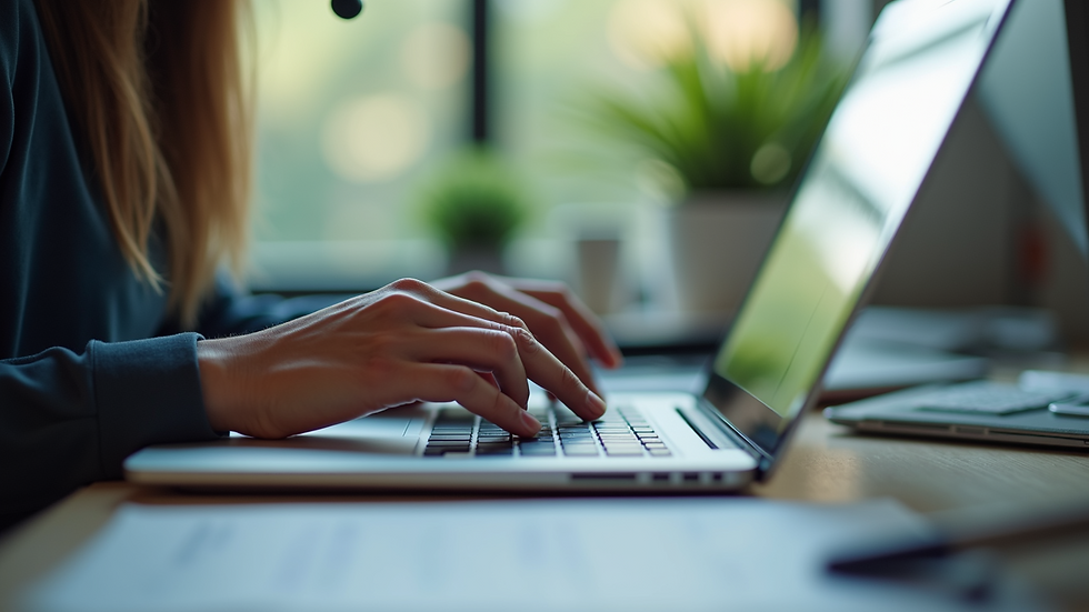 Close-up view of a customer service representative typing on a laptop