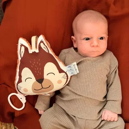 Mini coussin musical écureuil Toffee Carotte & Cie : en situation avec un enfant