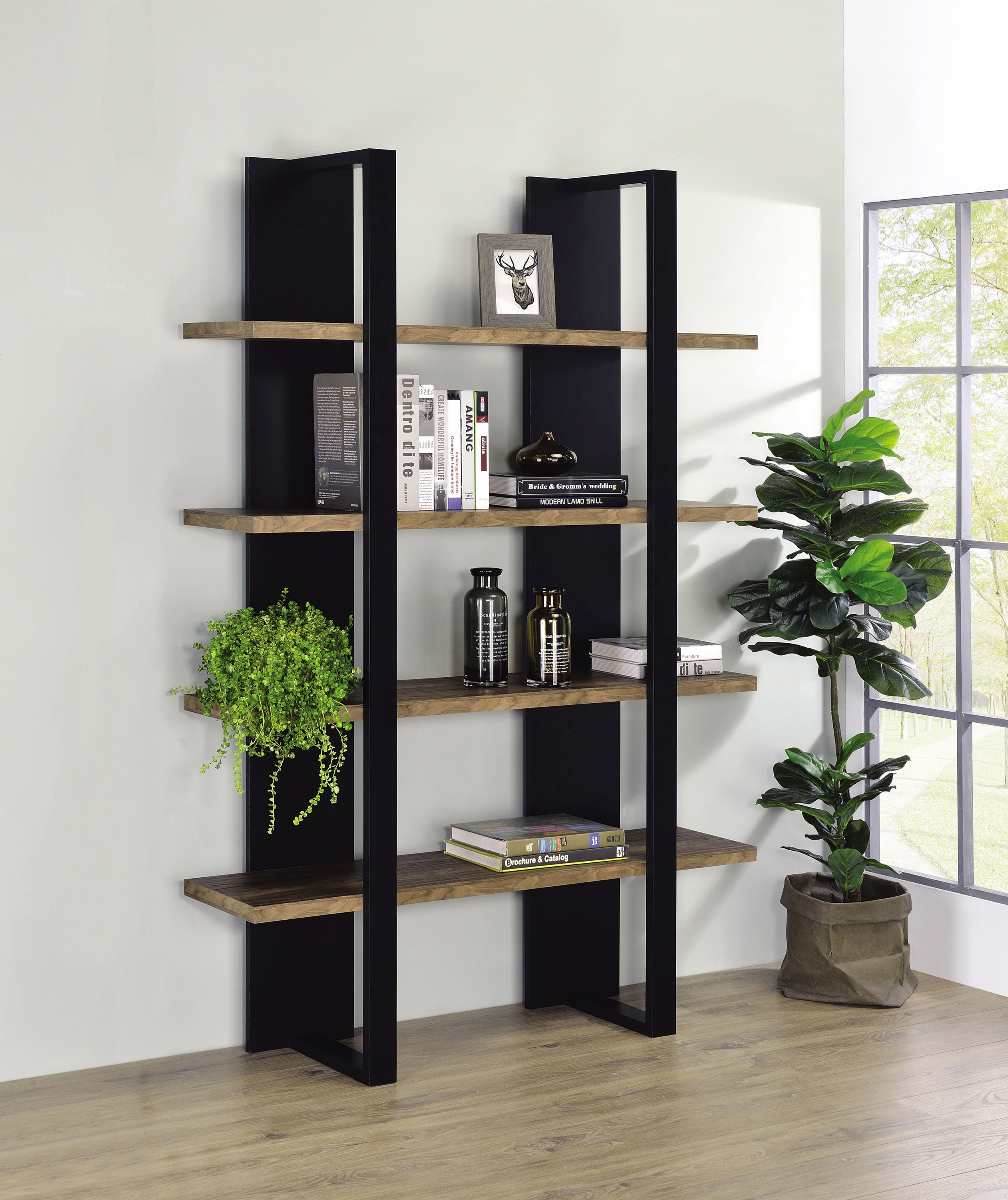 Walnut/Black Bookcase With 4 Full-Length Shelves