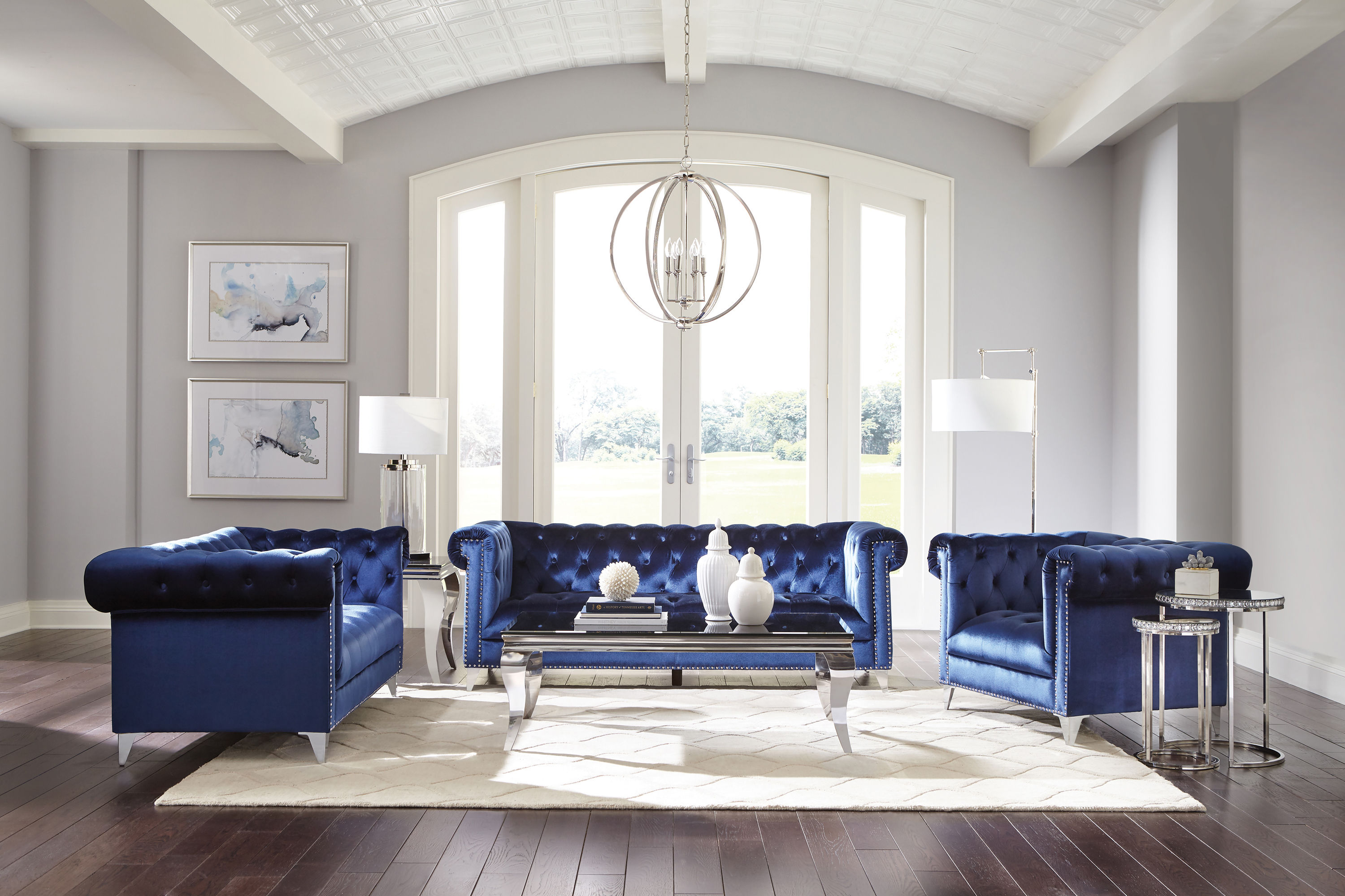 3-Piece Tuxedo Arm Living Room Set Blue