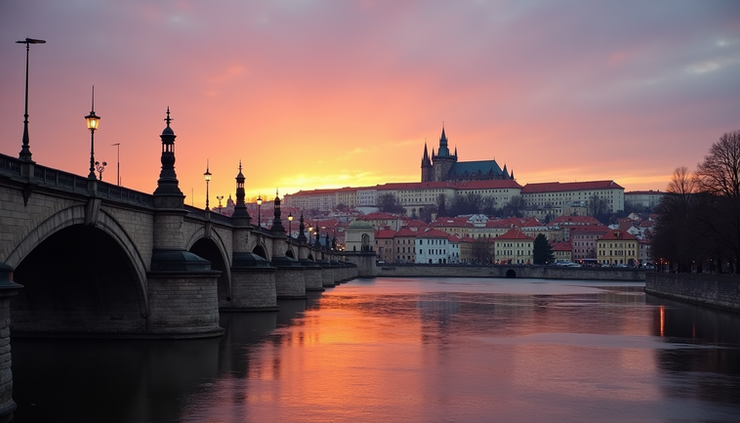 Eye-level view of the historic Charles Bridge in Prague with the Vltava River below