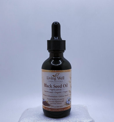 Amber glass bottle of Black Seed Oil by Living Well Herbalceuticals used to support digestion, immune balance, and overall we