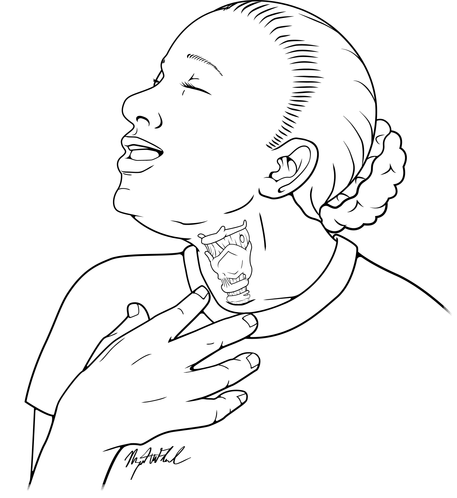 Line art of woman singing with ghosted larynx. 