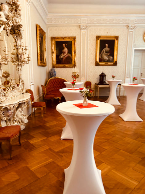 Stilvoll eingerichteter Empfangsraum mit Stehtischen im Residenzschloss Detmold für den Sparkassen-Festakt