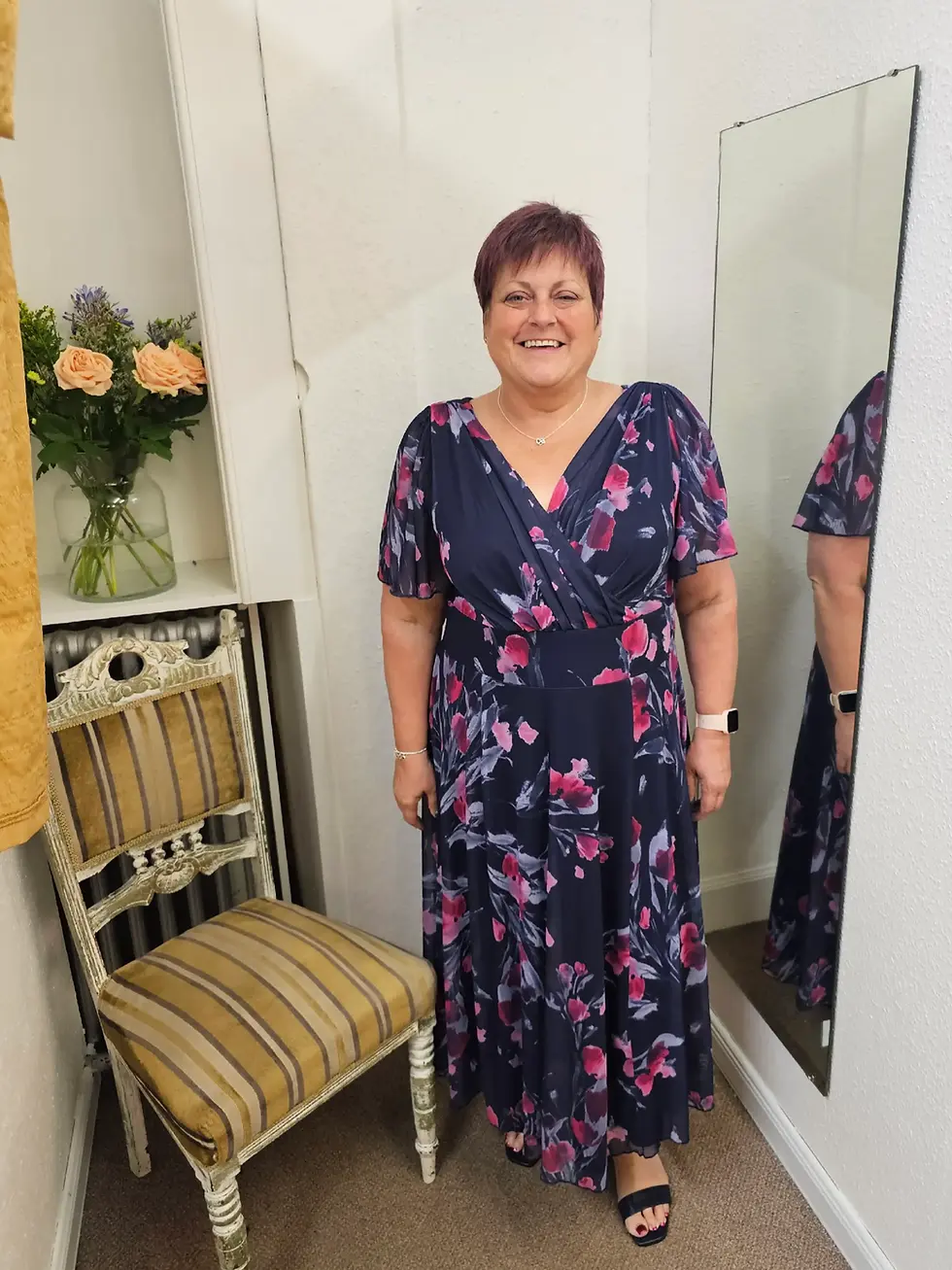 Thumbnail: Scarlett And Jo Victoria Navy Pink Floral Angel Sleeve Mesh Long Midi Dress