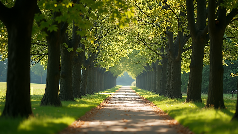 Eye-level view of a serene park with a walking path surrounded by trees