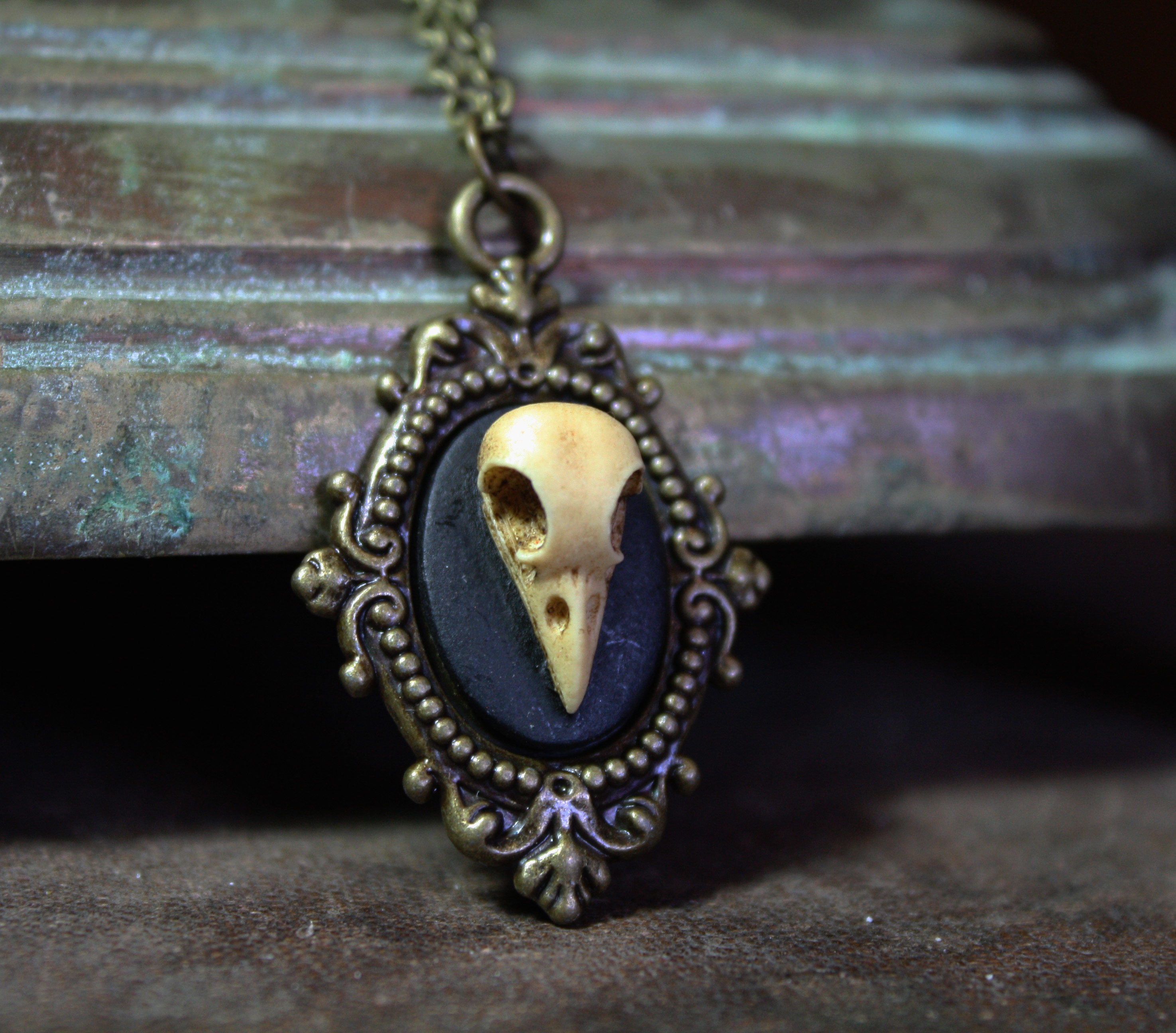 Gothic Bird Skull Cameo Necklace