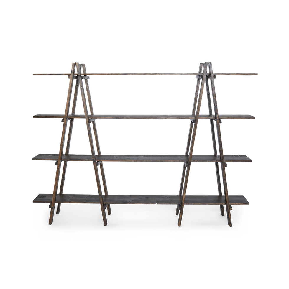 Walnut ladder back bar with 4 wooden shelves.