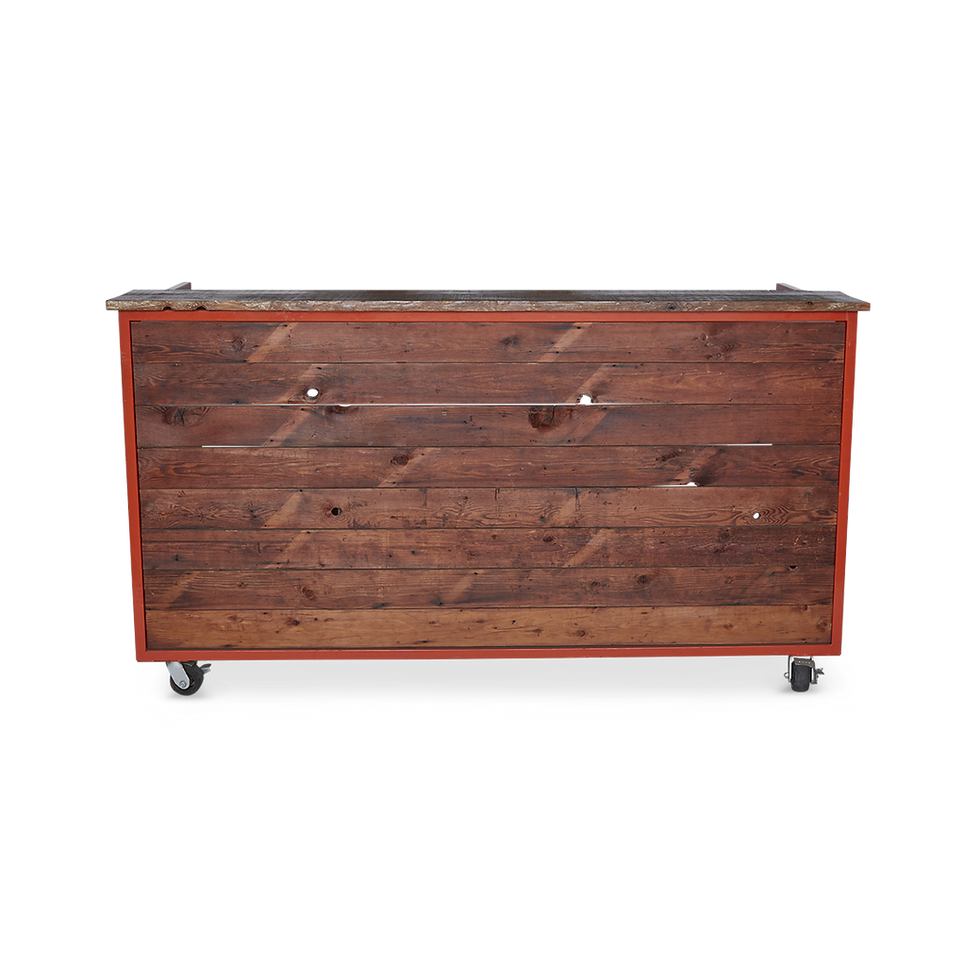 Rustic 7' Elysian Bar with wood panels and wheels