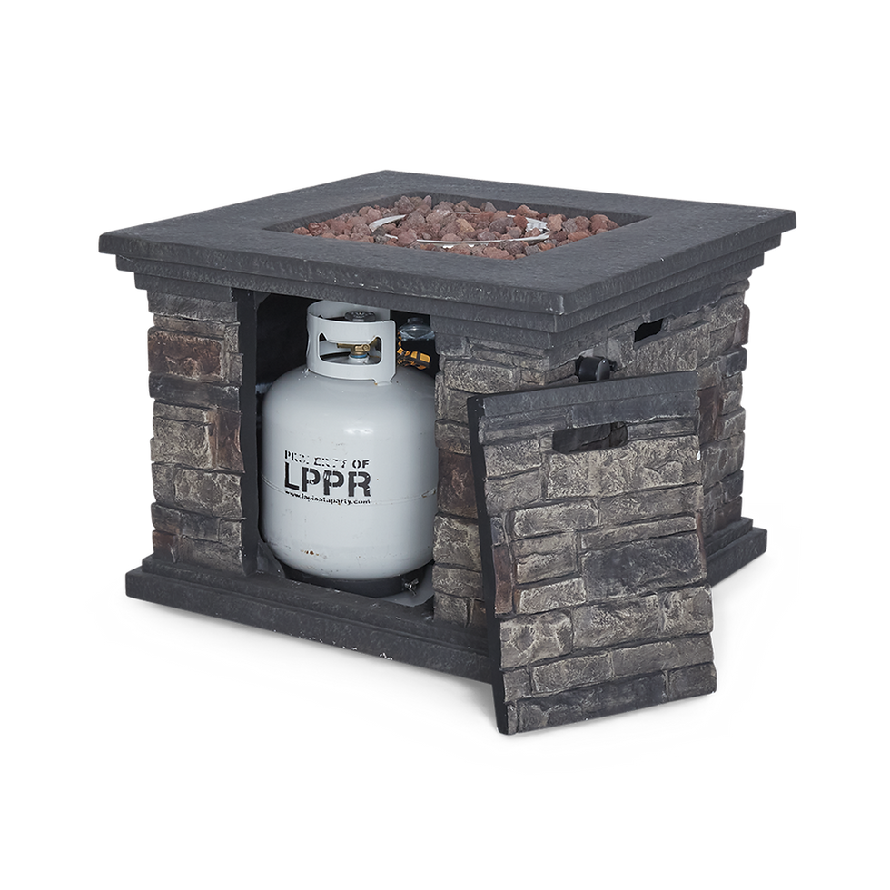 Propane tank inside a stone-textured outdoor fire pit