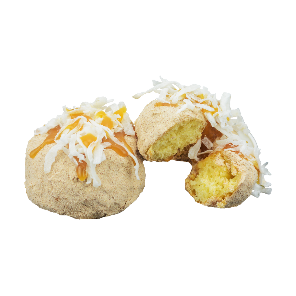 Covered with a blend of cinnamon and powdered sugar. Topped with coconuts and a caramel drizzle.