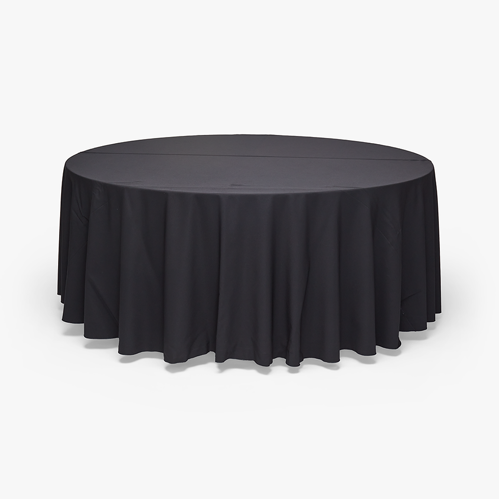 Black 72 inch round table with floor-length tablecloth